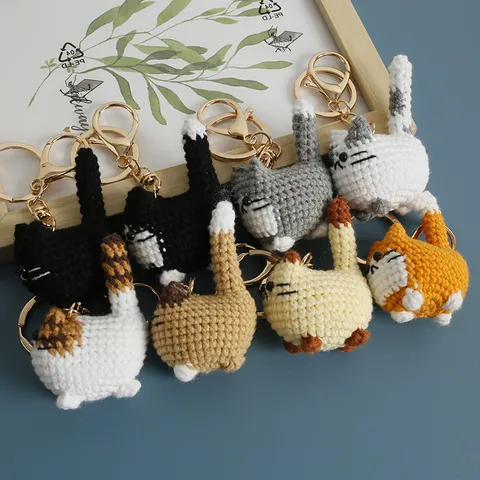 Handgemachte Häkel Katze Schlüsselanhänger Süße Cartoon Kätzchen Tasche Anhänger Baumwollgarn Tier Schlüsselring Handgefertigte Zubehör