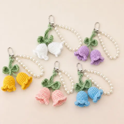 Handgemachte Gestrickte Maiglöckchen Schlüsselanhänger Süße Perlenblume Taschenanhänger Häkel Anhänger Handtasche Zubehör Geschenk Für Frauen