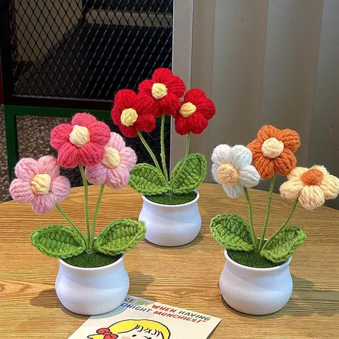 Planta en Maceta de Girasol Lirio de los Valles Tejida a Mano Ganchillo Hilo de Lana Ramo de Flores Falsas Decoración del Hogar Regalo