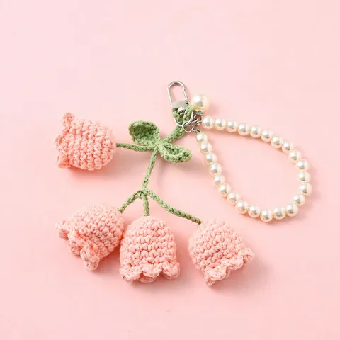 Handgemachte Gehäkelte Garn Maiglöckchen Schlüsselanhänger Niedliche Perlenkette Taschenanhänger Auto Schlüsselring Schmuck Geschenk