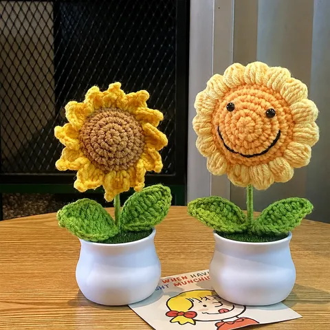 Handgemachte Geknüpfte Sonnenblume Maiglöckchen Topfpflanze Häkeln Wollgarn Künstlicher Blumenstrauß Heimdekoration Wohnzimmer Ornament Geschenk