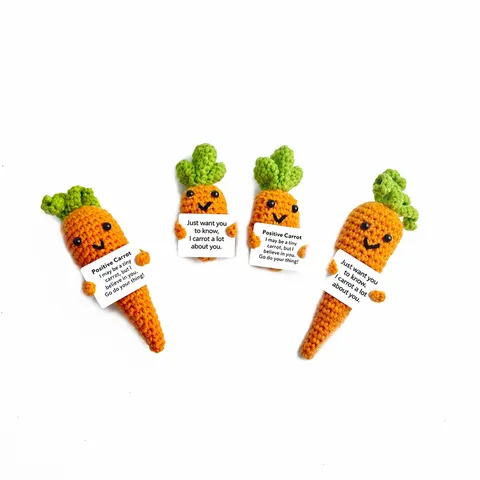 Handgemachte Geknüpfte Karotte Plüschtier Süße Gestopfte Gemüsepuppe Mit Motivationskarte Desktop Ornament Geschenk