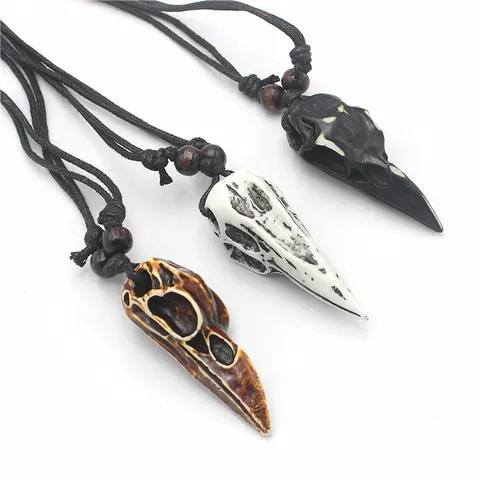 Gothic Punk Resin Bird Skull Pendant Necklace Retro Crow Bone Style Adjustable Chain Jewelry For Unisex Party