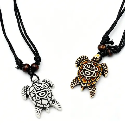 Vintage Totem Sun Smile Turtle Necklace Resin Pendant With Black Wax Cord Ethnic Style Fashion Jewelry Gift