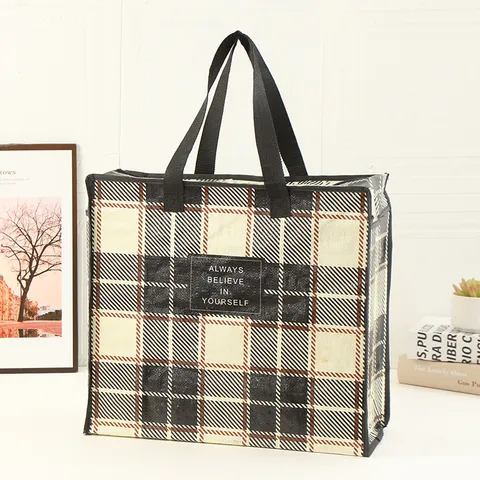 Gran Capacidad Bolsa de Compras de Tejido Laminado Moda A Cuadros Tote Bag Impermeable Reutilizable Bolso de Comestibles para Compras Diarias