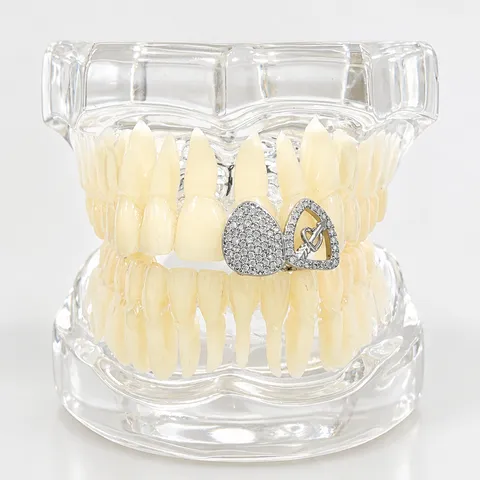 Hip Hop Grillz Copper Rhinestone Heart Hollow Teeth Jewelry Gold Silver Grillz For Men And Women Party Daily