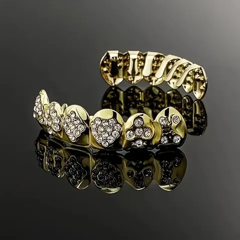 Hip Hop Copper Zirconia Poker Teeth Grillz Top And Bottom Set For Rapper Party
