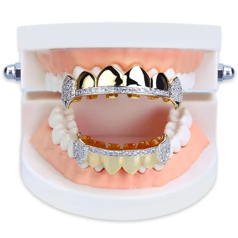 Hip Hop Grillz Teeth Brass Zirconia Rhinestone Two Tone Vampire Fangs Top And Bottom Grillz Set For Party Stage Jewelry