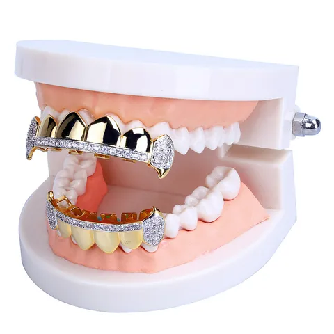 Hip Hop Grillz Teeth Brass Zirconia Rhinestone Two Tone Vampire Fangs Top And Bottom Grillz Set For Party Stage Jewelry