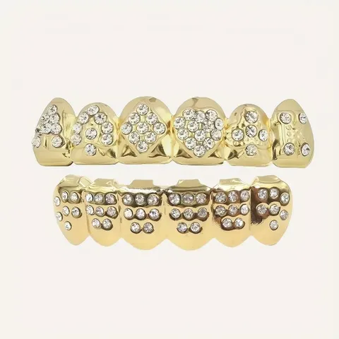Hip Hop Copper Zirconia Poker Teeth Grillz Top And Bottom Set For Rapper Party