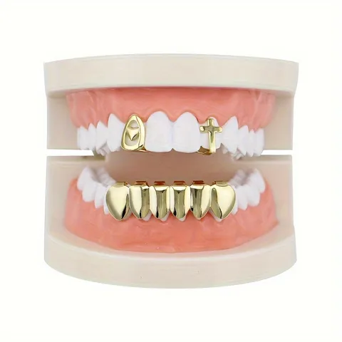 Hip Hop Top And Bottom Teeth Set Rhinestone Cross Heart Dental Jewelry For Halloween Stage Party