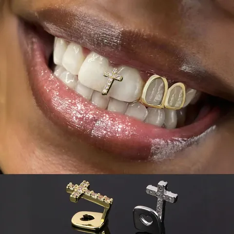 Hip Hop Copper Zirconia Cross Teeth Grills Single Tooth Cap Gold Silver Fashion Jewelry For Party Men Women