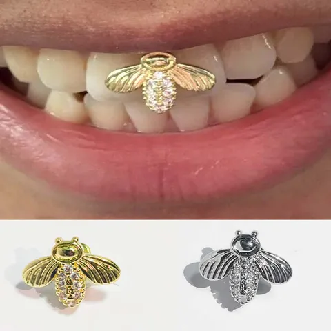 Hip Hop Bee Grillz Tooth Cap Copper Zirconia Single Tooth Jewelry For Trendy Hip Hop Party Stage Performance
