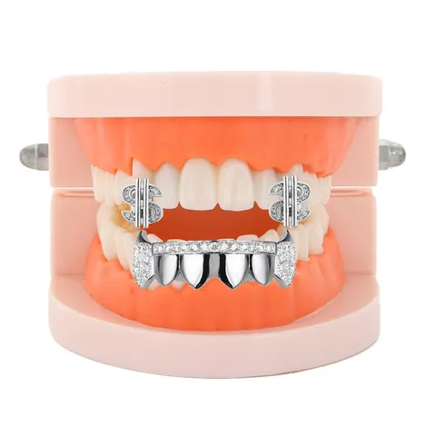 Hip Hop Grillz Dollar Sign Tooth Caps Brass Rhinestone Grillz Set For Halloween Party Men Women Fashion Teeth Jewelry