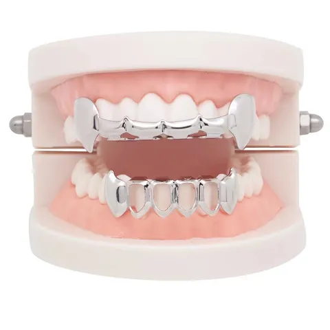 Hip Hop Grillz Gold Silver Tone Vampire Fangs Hollow Out Teeth Top Bottom Grillz Set For Party Fashion Jewelry