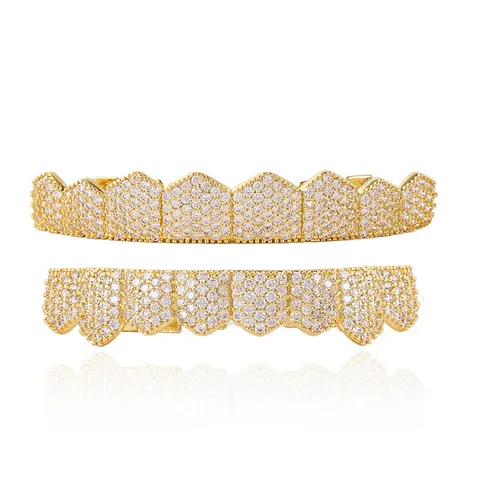 Hip Hop Iced Out Grillz Teeth Set Copper Gold Silver Plated Paved Zirconia Teeth Grillz For Men Women Party Jewelry