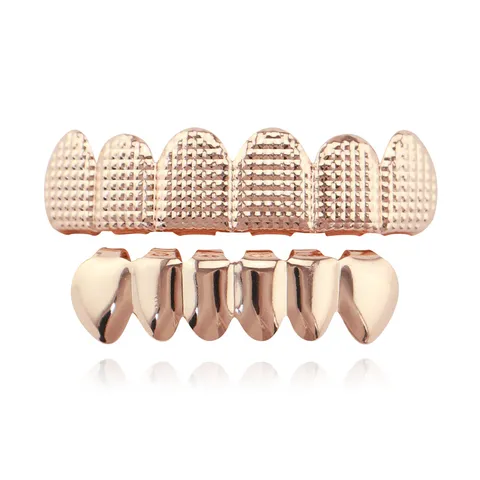 Hip Hop Grillz Copper Electroplated Grid Texture Top And Bottom Teeth Grillz Set Rapper Party Fashion Body Jewelry