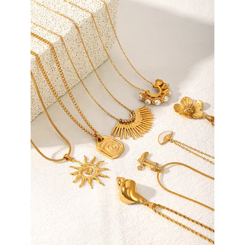 Vintage Stainless Steel Flower Chain Necklace Elegant Light Luxury Sun Shell Pendant Clavicle Chain For Women Exquisite Jewelry