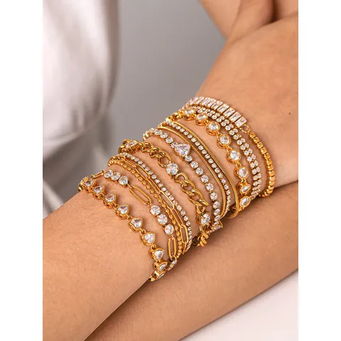Minimalist Stainless Steel Zirconia Stackable Tennis Bracelet Light Luxury Fashion Jewelry Heart Geometric Design Women Gift