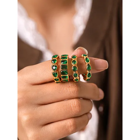 Fashion Stainless Steel Green Zirconia Ring For Women Gold Plated Emerald Pear Heart Round Cut Zirconia Eternity Ring Jewelry