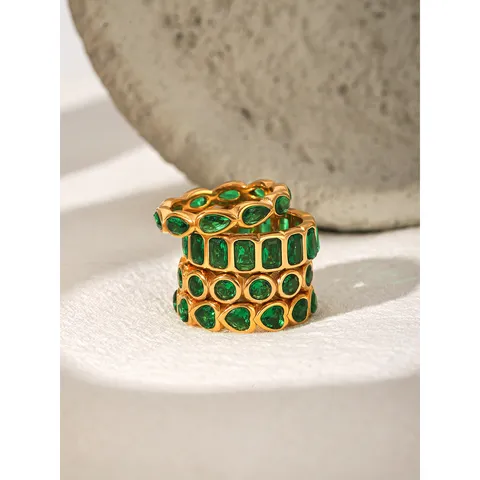 Fashion Stainless Steel Green Zirconia Ring For Women Gold Plated Emerald Pear Heart Round Cut Zirconia Eternity Ring Jewelry