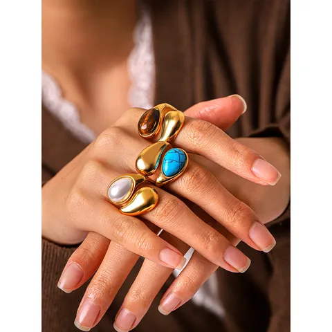 Vintage Stainless Steel Water Drop Natural Stone Open Ring For Women Fashion Turquoise Tiger Eye Pearl Adjustable Finger Ring Jewelry Gift