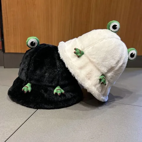 Cute Frog Plush Bucket Hat Women Winter Warm Thickened Rex Rabbit Fur Japanese Cartoon Casual Basin Hat