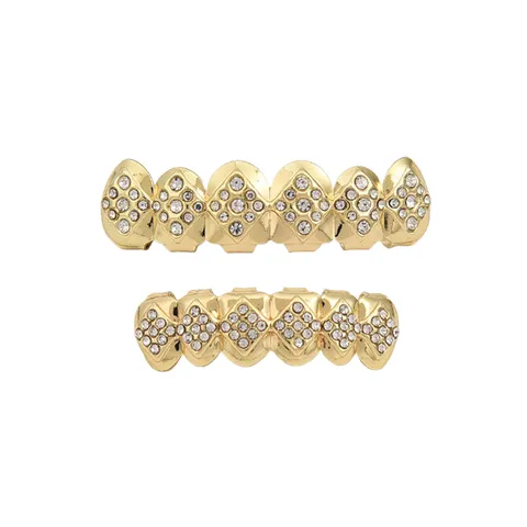 Hip Hop Rhinestone Plated Copper Grillz Diamond Lattice Vampire Fangs Teeth Grills For Halloween Party