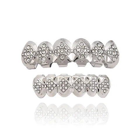 Hip Hop Rhinestone Plated Copper Grillz Diamond Lattice Vampire Fangs Teeth Grills For Halloween Party