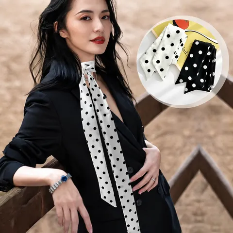 Women Polka Dot Satin Skinny Scarf Long Ribbon Neckerchief Fashion Hair Band Bag Accessory Chic Daily Wear