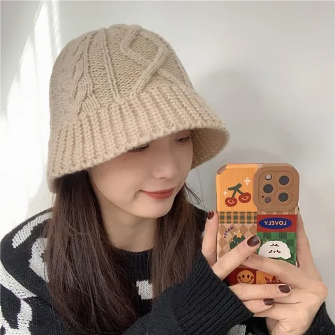 Women Winter Warm Thick Acrylic Knit Bucket Hat Casual Fashion Solid Color Fisherman Cap Outdoor Stylish Daily Hat