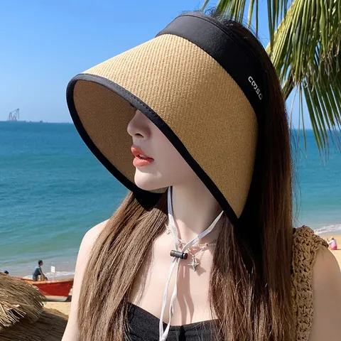 Dames Raffia Zonnehoed Lege Top Brede Rand Opvouwbare Zomer Strandhoed Casual Letter Lint UV Bescherming Buiten Visor Pet