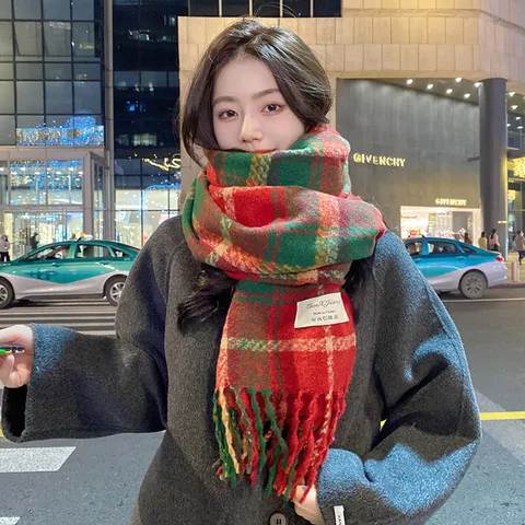 Winter Warm Scarf For Women Thickened Imitation Cashmere Plaid Tassel Long Shawl Christmas Festive Design