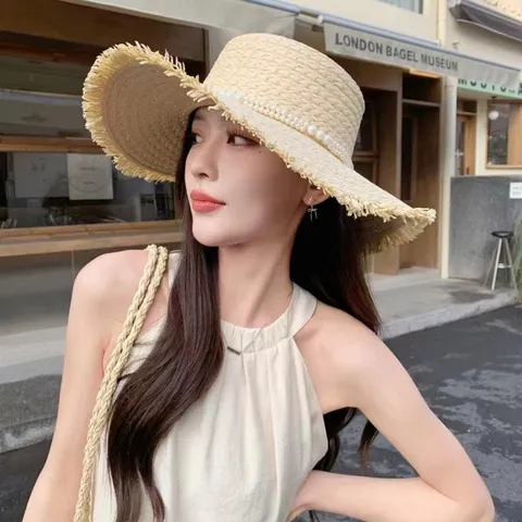 Women Summer Straw Hat Wide Brim Beach Sun Hat Pearl Fringe Flat Top Foldable Raffia Hat For Vacation Outdoor Travel