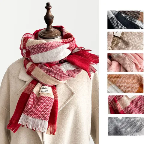 Unisex Winter Warm Imitation Cashmere Scarf Classic Plaid Pattern Tassels Long Shawl Fashion Casual Neck Scarf