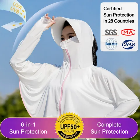 Women's Ice Silk Sun Protection Clothing Summer Hooded Cardigan UV Protection Lightweight Long Sleeve Jacket Outdoor Top