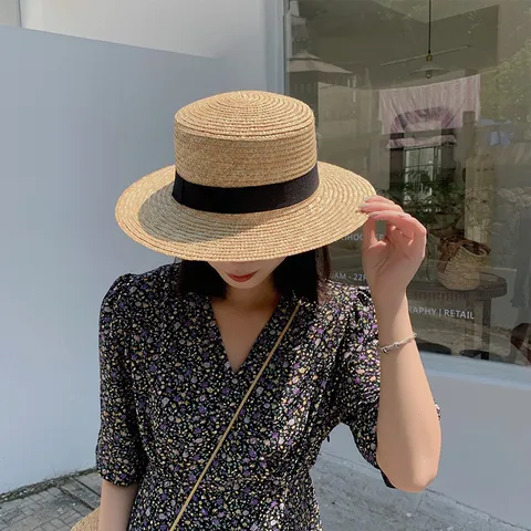Women Summer Flat Top Straw Sun Hat Woven Raffia Beach Hat