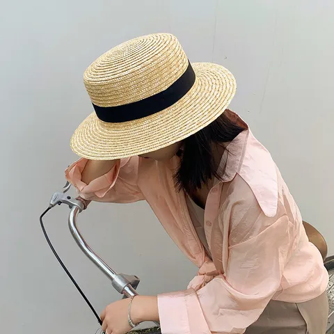 Women Summer Flat Top Straw Sun Hat Woven Raffia Beach Hat