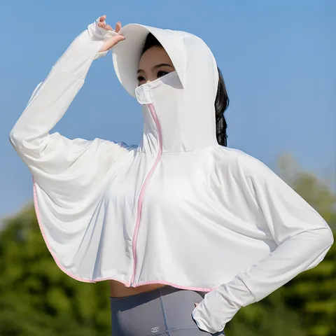 Women's Ice Silk Sun Protection Clothing Summer Hooded Cardigan UV Protection Lightweight Long Sleeve Jacket Outdoor Top