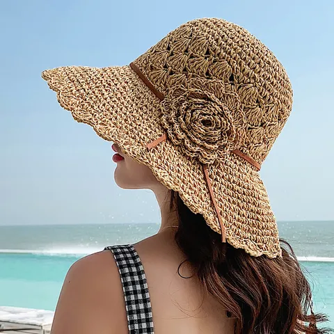 Damen Stroh Sonnenhut Handgemacht Gewebt Strand Sonnenschutz Kappe Mit Blumen Und Gürtel Dekoration Sommer Urlaub Reise Hut