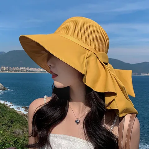 Women Summer Beach Sun Hat Wide Brim Hollow Breathable Fisherman Hat With Shawl Bowknot Outdoor UV Protection Cap