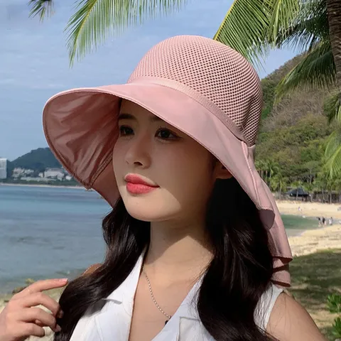 Women Summer Beach Sun Hat Wide Brim Hollow Breathable Fisherman Hat With Shawl Bowknot Outdoor UV Protection Cap