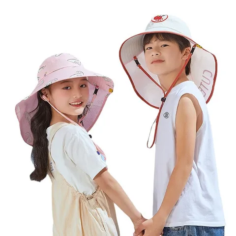 Kids Sun Hat Wide Brim UV Protection Fisherman Hat Cute Cartoon Print Summer Outdoor Beach Cap For Baby Boys Girls
