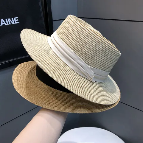 Women's Summer British Vintage Flat Top Straw Hat Wide Brim Sun Protection Beach Vacation Casual Woven Fedora Hat Cap