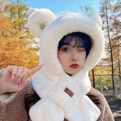 Winter Cute Bear Ears Plush Hat And Scarf Set Thickened Warm All in One Windproof Hooded Bib Women Daily Wear