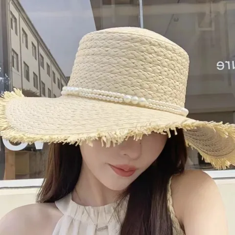 Women Summer Straw Hat Wide Brim Beach Sun Hat Pearl Fringe Flat Top Foldable Raffia Hat For Vacation Outdoor Travel