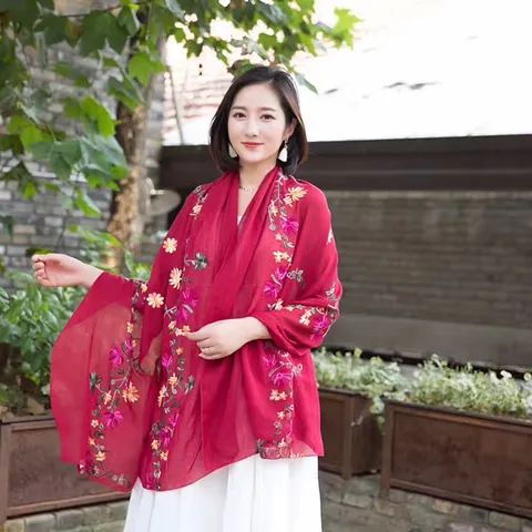 Women's Ethnic Floral Embroidered Cotton Linen Scarf Vintage Long Shawl Sun Protection Travel Scarf
