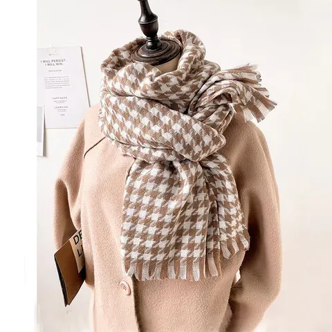 Women's Winter Warm Imitation Cashmere Scarf Classic Houndstooth Pattern Tassel Long Shawl Soft Cozy Daily Wear