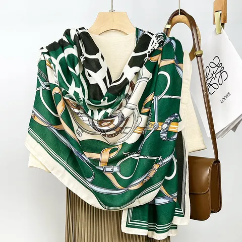 Women Fashion Scarf Luxury Belt Chain Print Polyester Shawl Elegant Long Scarf Versatile Daily Headwear