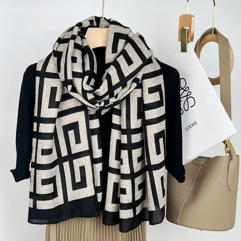 Women Fashion Scarf Cotton Blend Geometric Pattern Versatile Warm Shawl Winter Casual Long Scarf Outdoor
